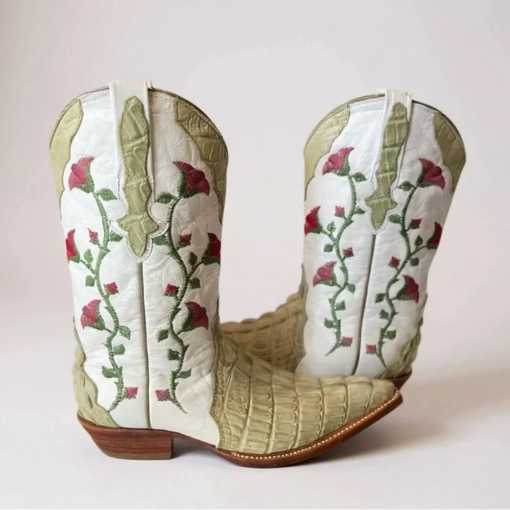 Botas Aguila Real Crocodile Boots Green Floral Leather Women’s Size 4.5